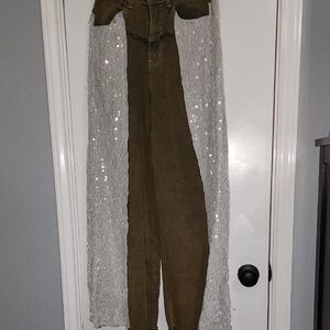 POL Olive Flare Jeans with Silver Sequin Panels